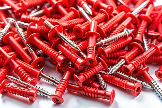Red Plastic Wall Anchors with Nails, Rawlplugs, Isolated on White Background - Aerial View