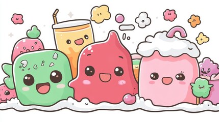 Cute Cartoon Characters of Colorful Desserts and Juices with Happy Faces