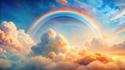 A vibrant rainbow arches over a breathtaking panorama of fluffy clouds bathed in the warm glow of a sunrise or sunset.