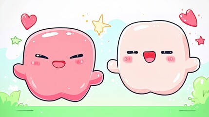 Cute Cartoon Characters with Happy Expressions and Colorful Background