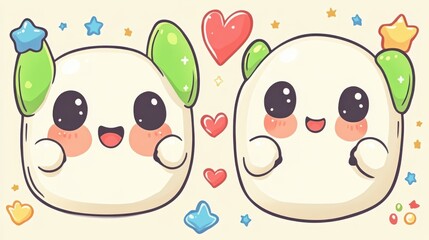 Cute Cartoon Characters with Hearts and Stars in a Playful Background Design