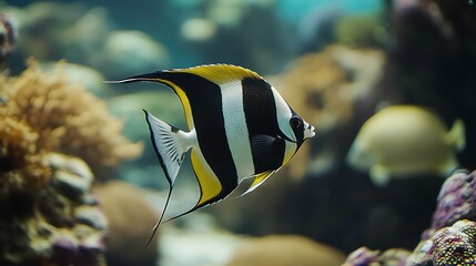 Vibrant Moorish Idol Fish swimming among colorful coral in a tropical reef habitat, Underwater, Moorish Idol Fish, Tropical