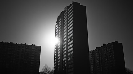 High-contrast black-and-white shot of a tall modern skyscraper, with dramatic shadows creating visual depth