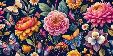 Fototapeta premium Vibrant Floral Tapestry Featuring Exquisite Butterflies and a Rich Array of Blossoms