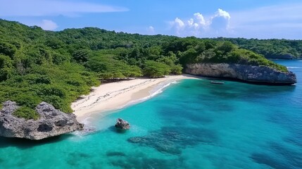 Fototapeta premium Serene Tropical Beach with Crystal Clear Waters and Lush Green Island Landscape