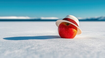 Apple Wearing Hat on Snowy Surface with Shades and Flip Flops