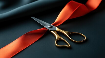 Golden Scissors Cutting Red Ribbon on Dark Background