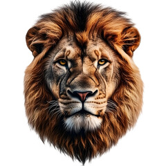 Fototapeta premium Majestic Lion Face with Intense Eyes and Thick Mane, Isolated on Transparent Background