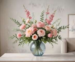 Fototapeta premium Soft focus watercolor floral arrangement in modern home decor, design, vase