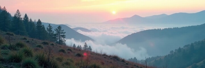 Fototapeta premium Soft wisps of fog float above a serene landscape , serene, abstract background