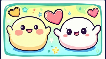 Cute Cartoon Characters with Colorful Hearts and Stars Against a Pastel Background