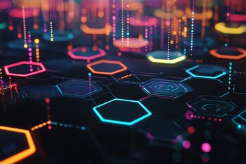 Obraz premium Colorful Hexagonal Digital Patterns with Neon Lights and Futuristic Background Design