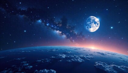 Starry night sky over a planet or moon , cosmos, moons