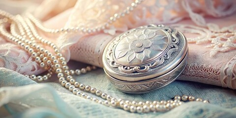 Naklejka premium A delicate silver locket adorned with intricate engravings, sitting atop a velvet-covered box, surrounded by soft pastel hues and elegant lace , jewelry box, wedding favor