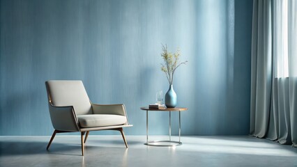 Serene living room interior design featuring a light-colored armchair, a minimalist side table, and delicate dried floral arrangement against a textured blue wall.