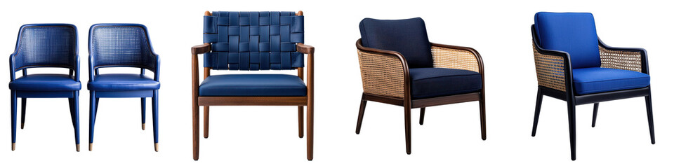 Collection of sleek and sophisticated navy blue and wooden tone furniture pieces including...