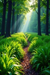 Tall grass border along a winding forest path, green, foliage