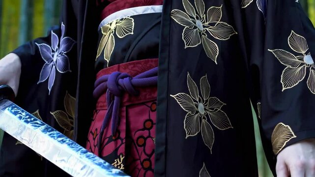 White wolf dressed as a noble samurai standing in a tranquil bamboo forest, holding a traditional katana with intricate floral kimono patterns

