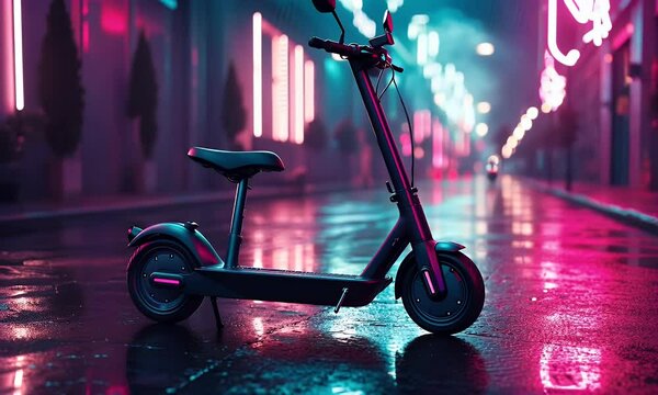 Electric scooter city night neon wet street travel