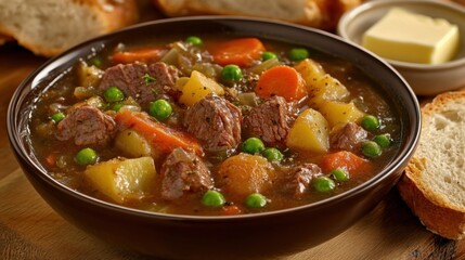 A hearty bowl of beef and vegetable stew with tender chunks of beef, carrots, potatoes