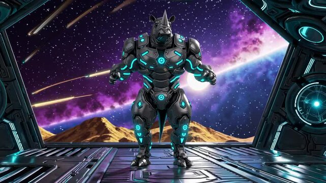 Rhinoceros in futuristic robotic armor standing inside a spaceship as an intergalactic warrior on an alien planet with meteors in the sky

