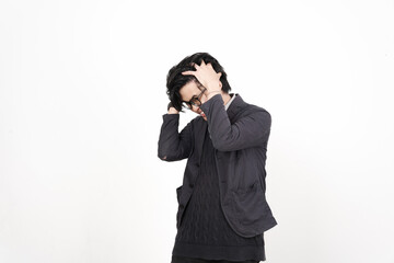 Expressing Frustration and Suffering Headache Of Handsome Asian Man Isolated On White Background