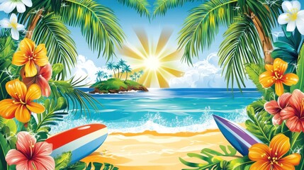 Tropical Island Beach Scene With Surfboards And Flowers