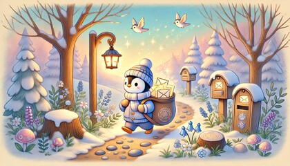 A Tranquil Spring Forest: The Penguin Postman's Whimsical Journey Through Melting Snow and Blooming Flowers