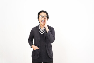 Shouting with Expressive Gesture for to telling something announcement for sale promotion Of Handsome Asian Man Isolated On White Background