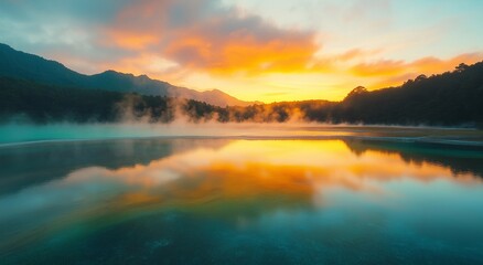 Fototapeta premium Majestic sunrise over a tranquil hot spring lake surrounded by mountains