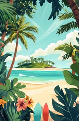 Tropical Island Beach Scene with Palm Trees and Surfboards