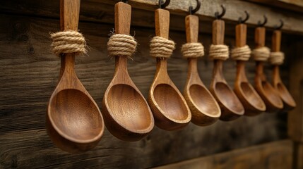 Vintage Wooden Spoons Hanging in Rustic Vertical Composition
