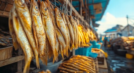 Dried fish hanging at a local market in the coastal town during a sunny afternoon
