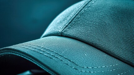 Close-up of teal baseball cap brim, dark background, apparel mockup