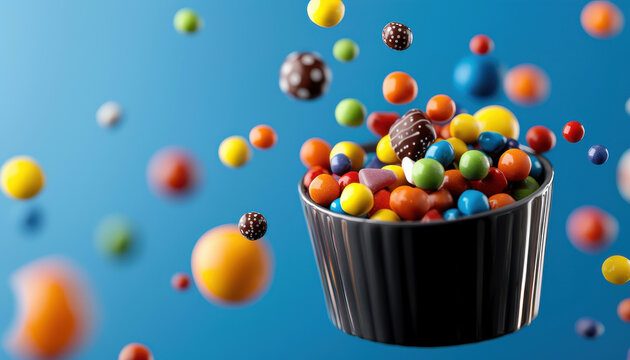 playful bowl of colorful candies and chocolates floating in air, creating joyful scene