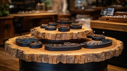 Elegant Log Cross Section Display Featuring Nature-Inspired Jewelry