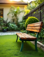 Obraz premium Sunlit solitude a rustic wooden bench in a vibrant backyard garden invites tranquil moments