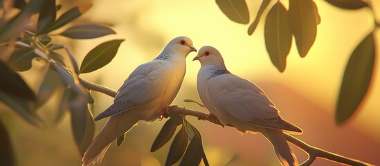 Obraz premium Two White Doves Perched on a Branch in the Golden Hour