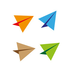 Paper planes icon. Colorful origami aircraft. Four vector shapes. Creative flying concept.