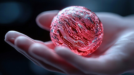 hand holding glowing digital planet with intricate circuitry design, symbolizing technology and innovation
