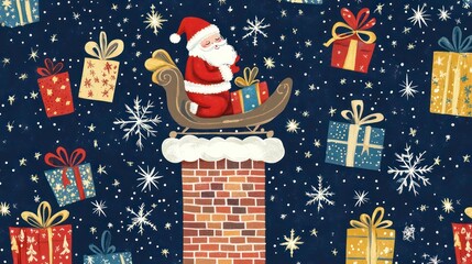 Whimsical holiday pattern featuring Santa Claus on chimney with colorful presents in sleigh against starry night background, evoking festive cheer