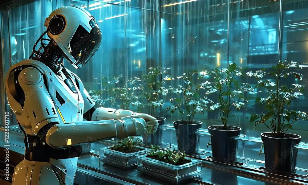 Poster robot tending plants in futuristic lab; hydroponics