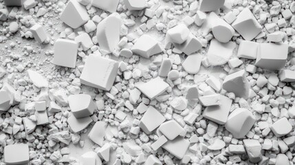 White chemical granules scattered on a surface, commonly used in the production of industrial plastics and resins, creating a textured pile.