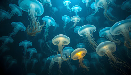 A glowing jellyfish forest deep in the ocean, pulsing with an ethereal light in the dark abyss