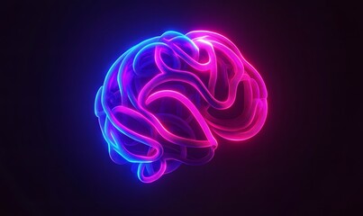 Neon brain glowing, dark background, abstract, medical concept