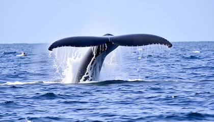 A magical moment as a whale breaches the surface, its massive tail creating a dramatic splash