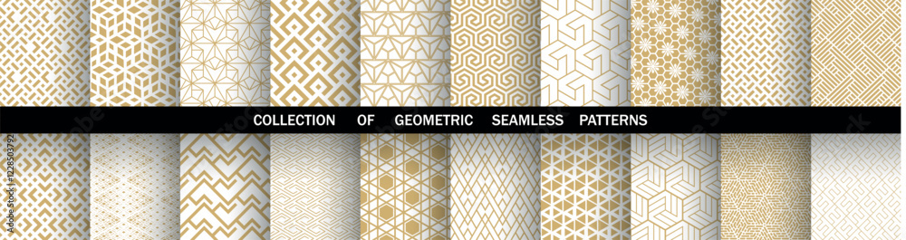 Poster geometric floral set of seamless patterns. white and golden vector backgrounds. damask graphic ornam