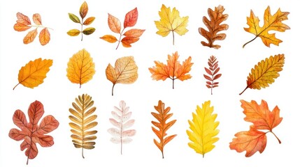 Obraz premium Watercolor autumn leaves collection isolated on white background.