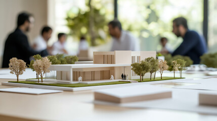 team of architects collaborating on modern building project with scale model
