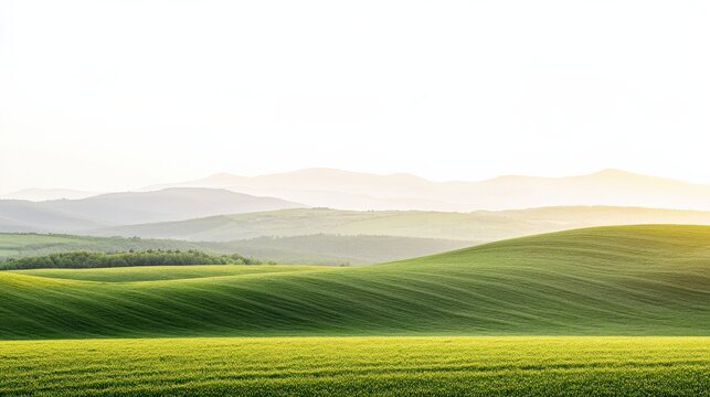 Serene landscape showcasing rolling green hills under a soft sunrise with distant mountains